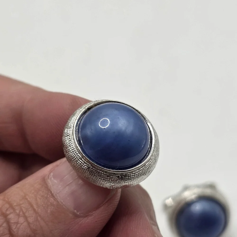 Vintage‎ Silver Tone Blue Cabochon Glass Cufflinks Textured Round Mid Century